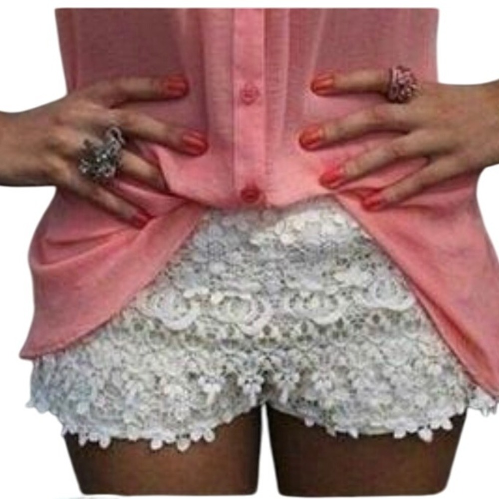 Lace Ruffle Shorts Women's Cream Crochet High Waist Bohemian Festival